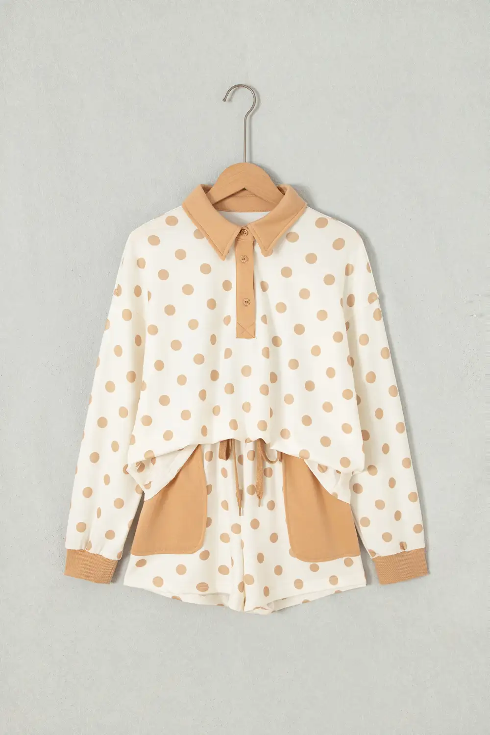 Women's Polka Dot Drop Shoulder Polo Loose Pullover Patch Pocket Casual Shorts Set