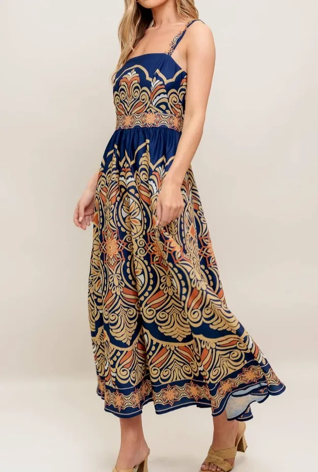 Navy Ornate Print Flowy Midi Dress