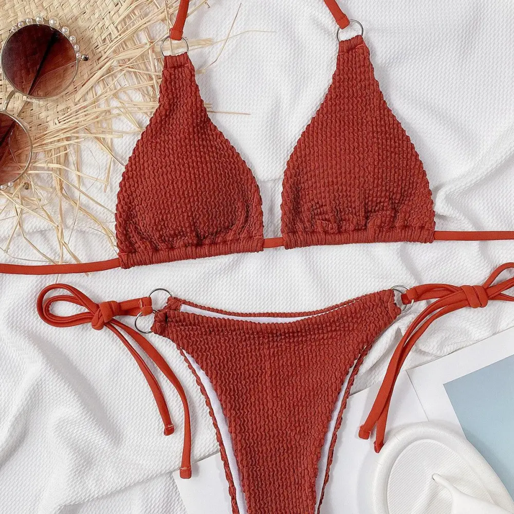 Textured Halter Neck Tie Side Bikini Swim Set