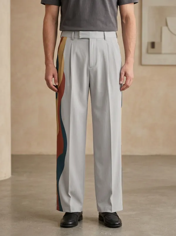 Men's Abstract Wave Pattern Printed Wide Leg Trousers Modern Pattern