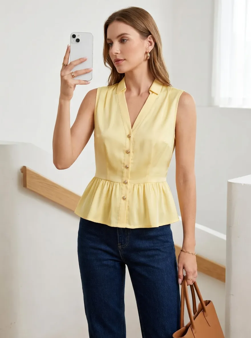 V-Neck Button Down Peplum Sleeveless Top
