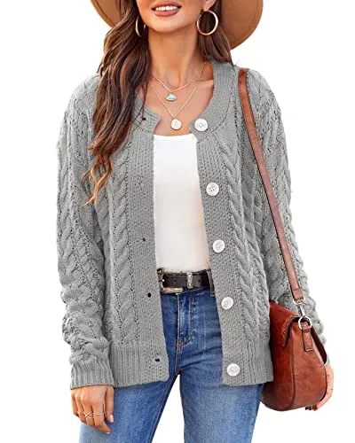 Women Loose Long Sleeve Crewneck Cable Knit Sweater Open Front Button Down Cardigan Soft Chunky Rid Outwear Coat