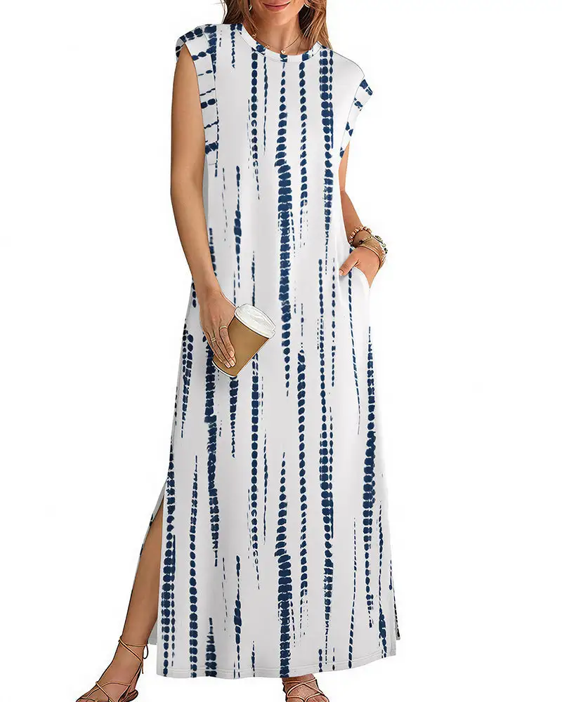 Casual Sleeveless Split Maxi Dress With Pockets