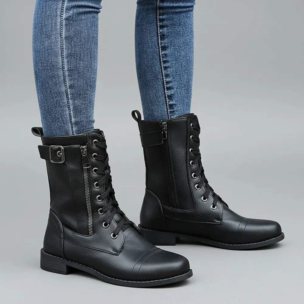 Lace Up Ankle Boots Side Zip Comfortable Flat Boots