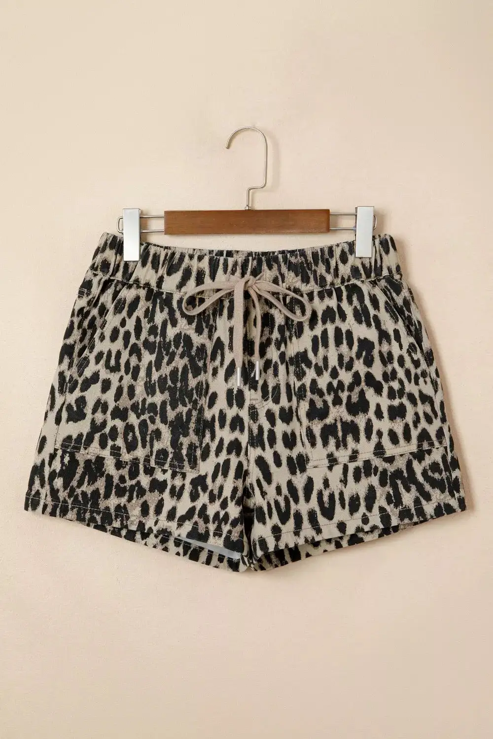 Leopard Print Lace Up Elastic Waistband Mid Rise Denim