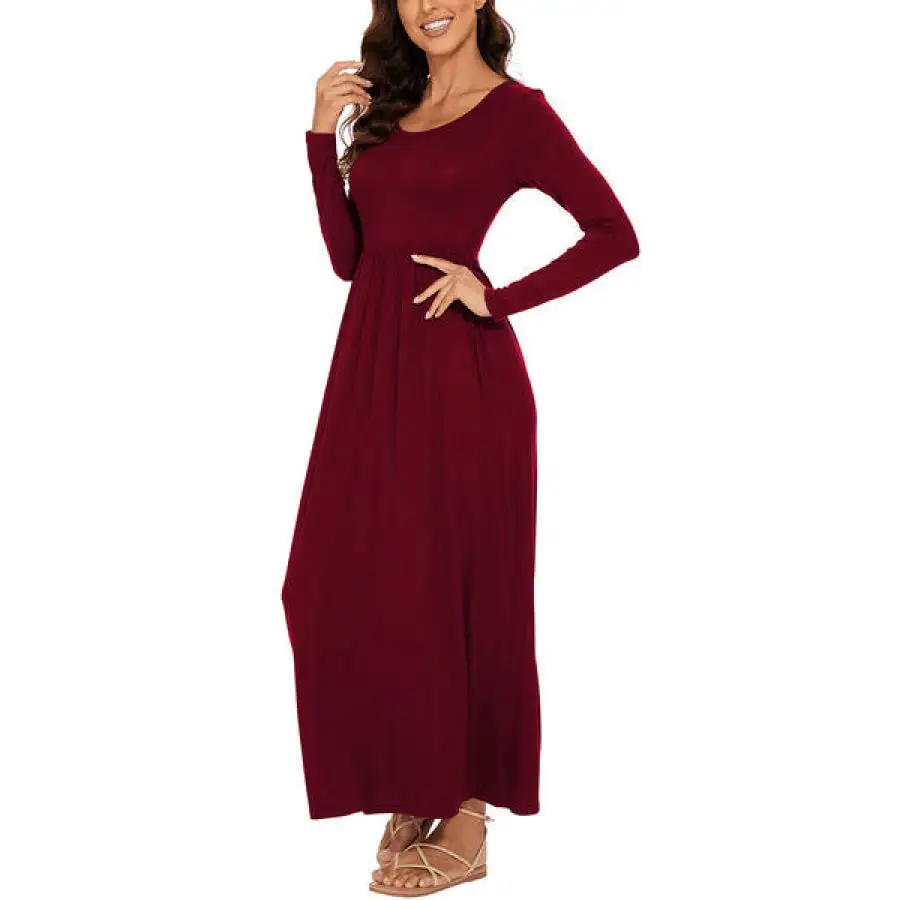 Round Neck Long Sleeve Pocketed Maxi Dress