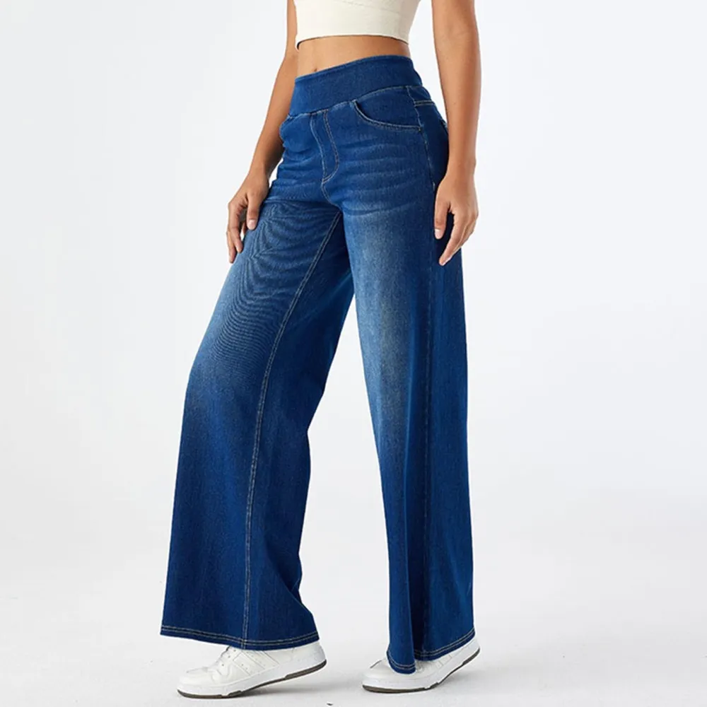 2026🔥  High Waisted Multiple Pockets Baggy Wide Leg Washed Stretchy Knit Casual Jeans