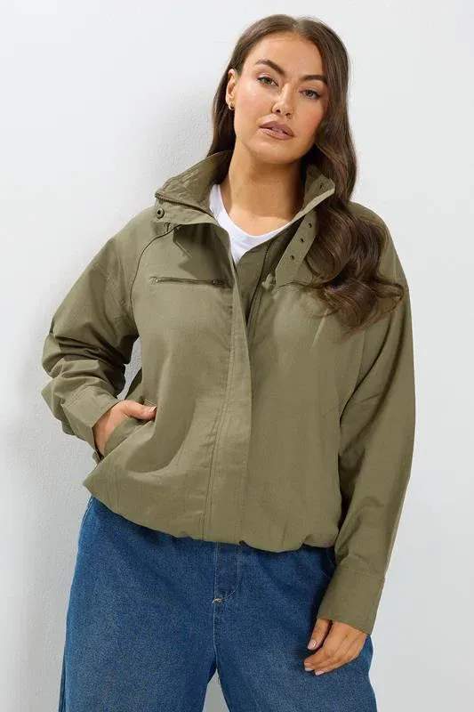 Khaki Green Funnel Neck Twill Shacket
