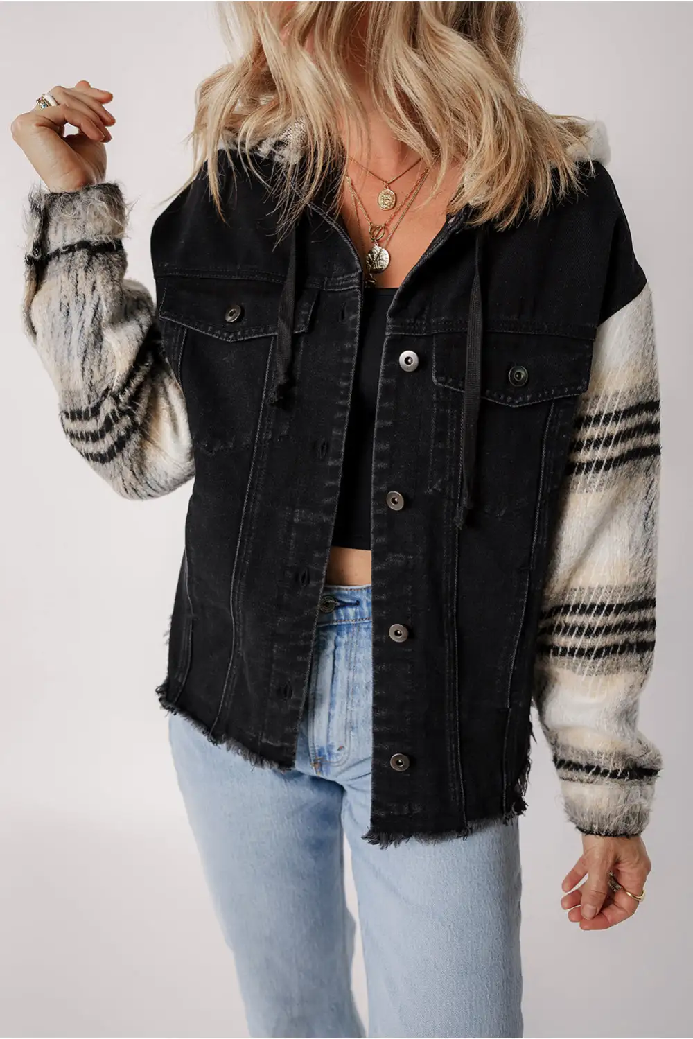 Women's Plaid Sleeve Frayed Hem Hooded Denim Jacket