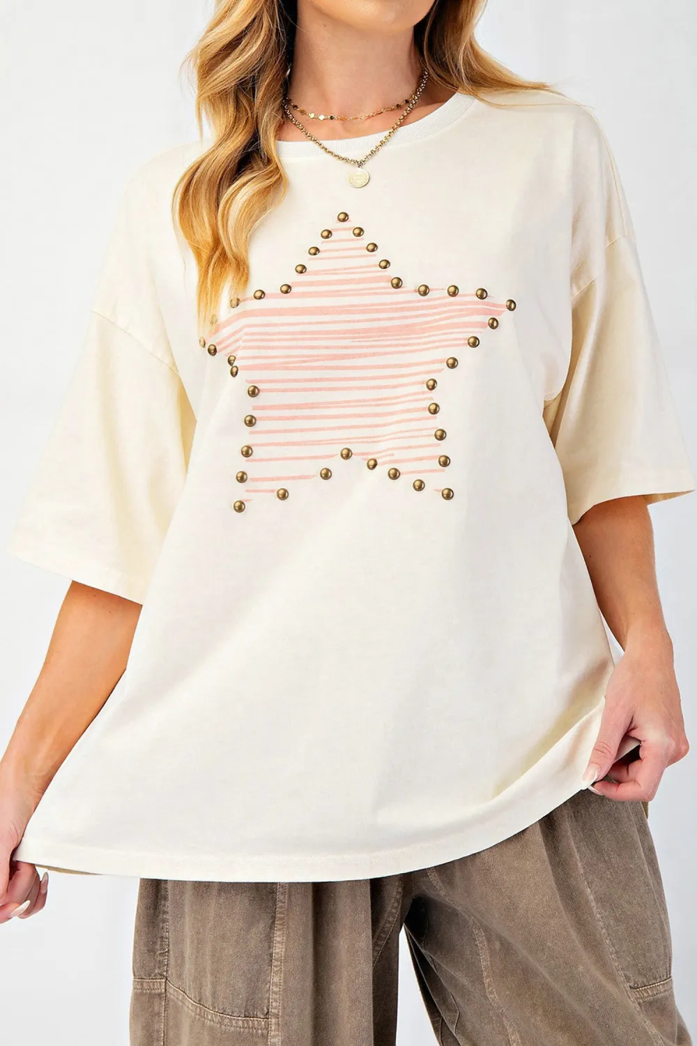 Beige Star Print Stud Detail Top