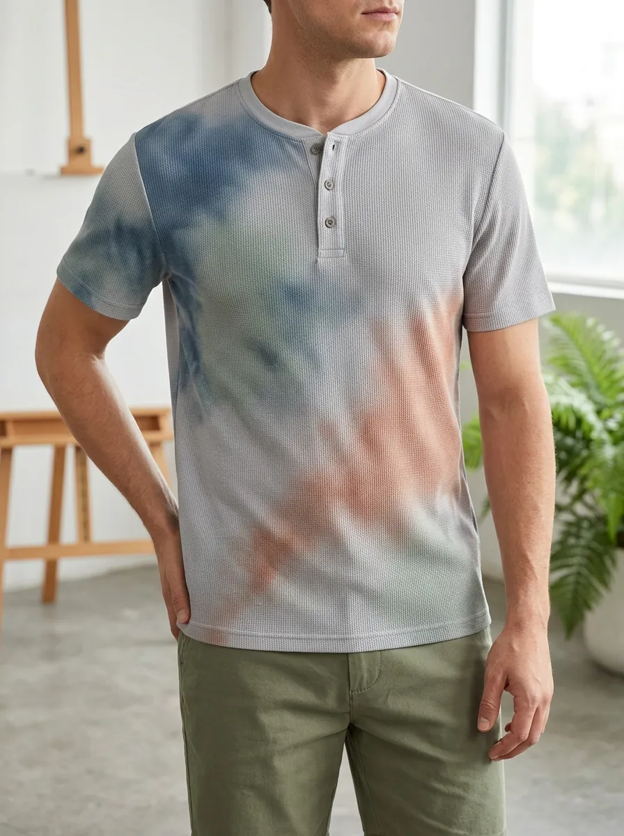 Men's Everyday Tie-Dye Waffle Knit Buttoned Henley T-Shirt