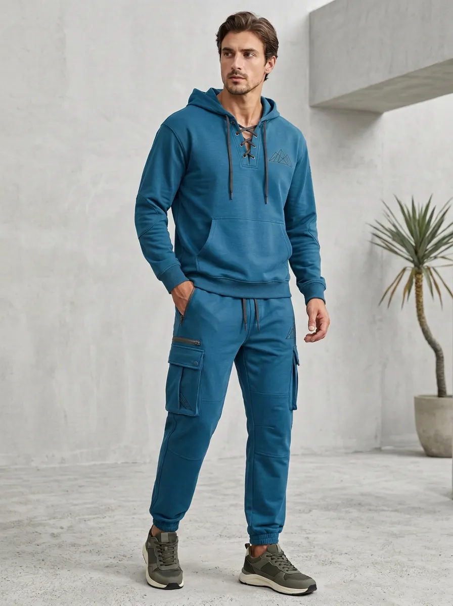 Urban Lace-Up Geometric Modern Look Men's Lace Up Hoodie And Cargo Jogger Set