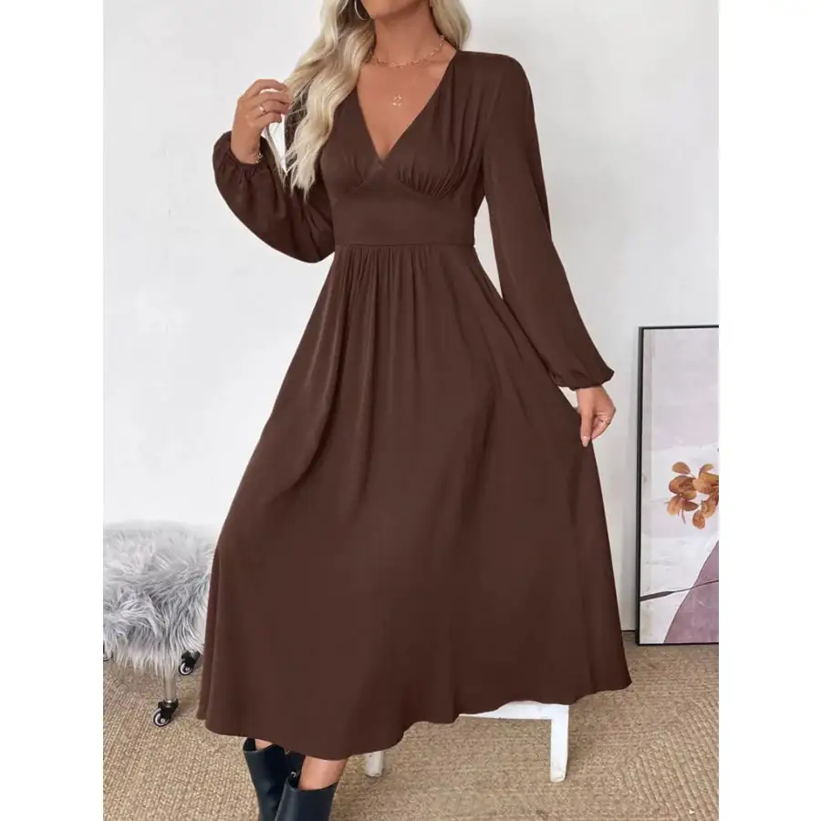 Neck V-Neck Balloon Sleeve Midi Dress