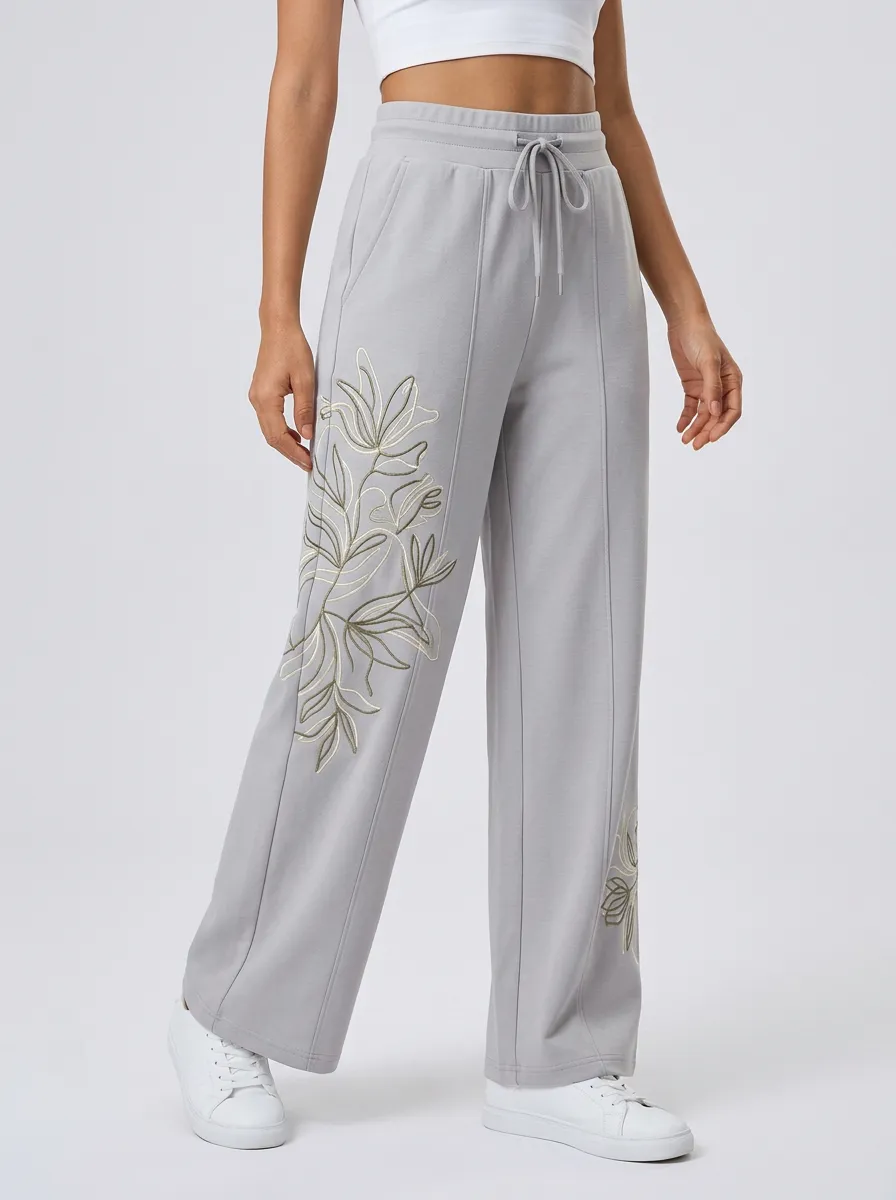 Women's Grey Floral Embroidered Wide-Leg Sweatpants