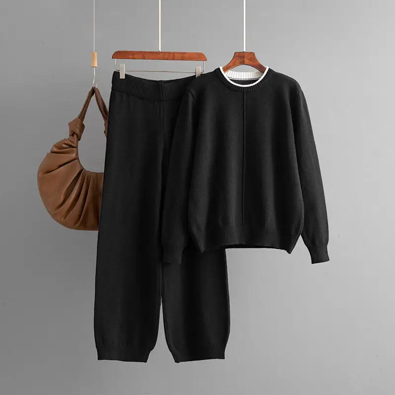 Structured Contrast Color Loose Sweater Pants Set