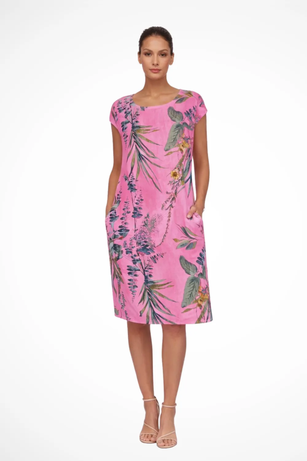  Casual Relaxed Fit Botanical Print Midi Dress