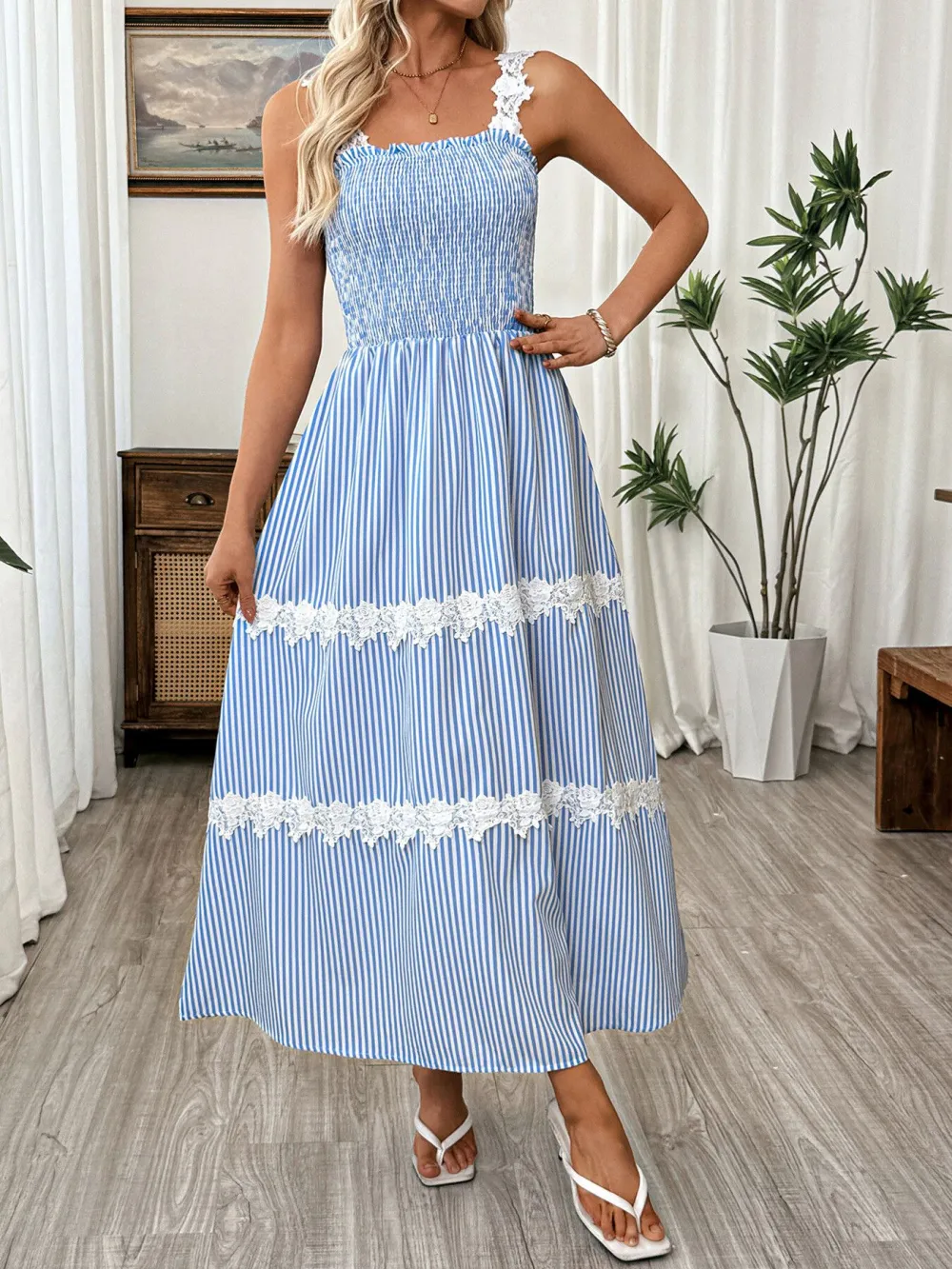 Striped Lace Smocked Midi Dress