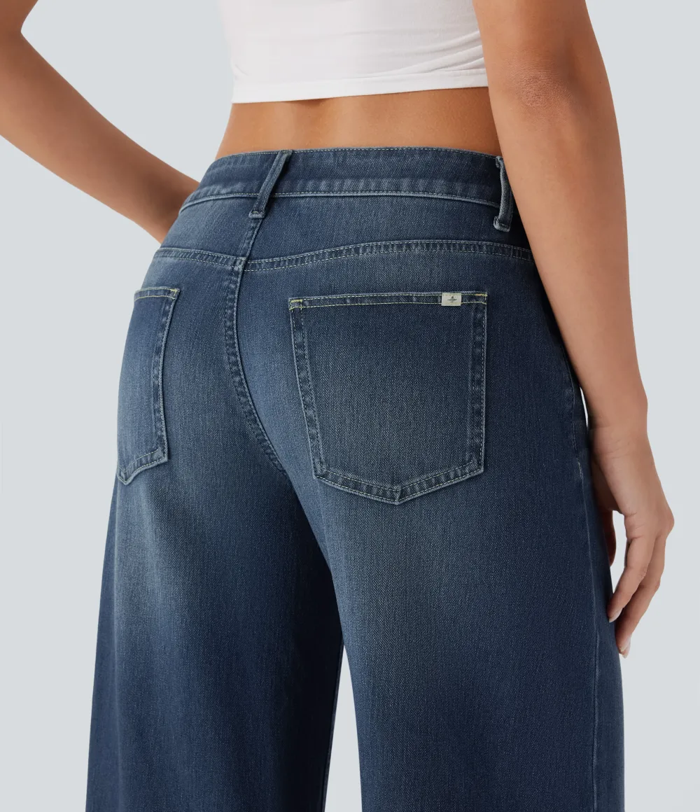 Asymmetric Low Rise Zipper Pockets Baggy Wide Leg Washed Casual Jeans