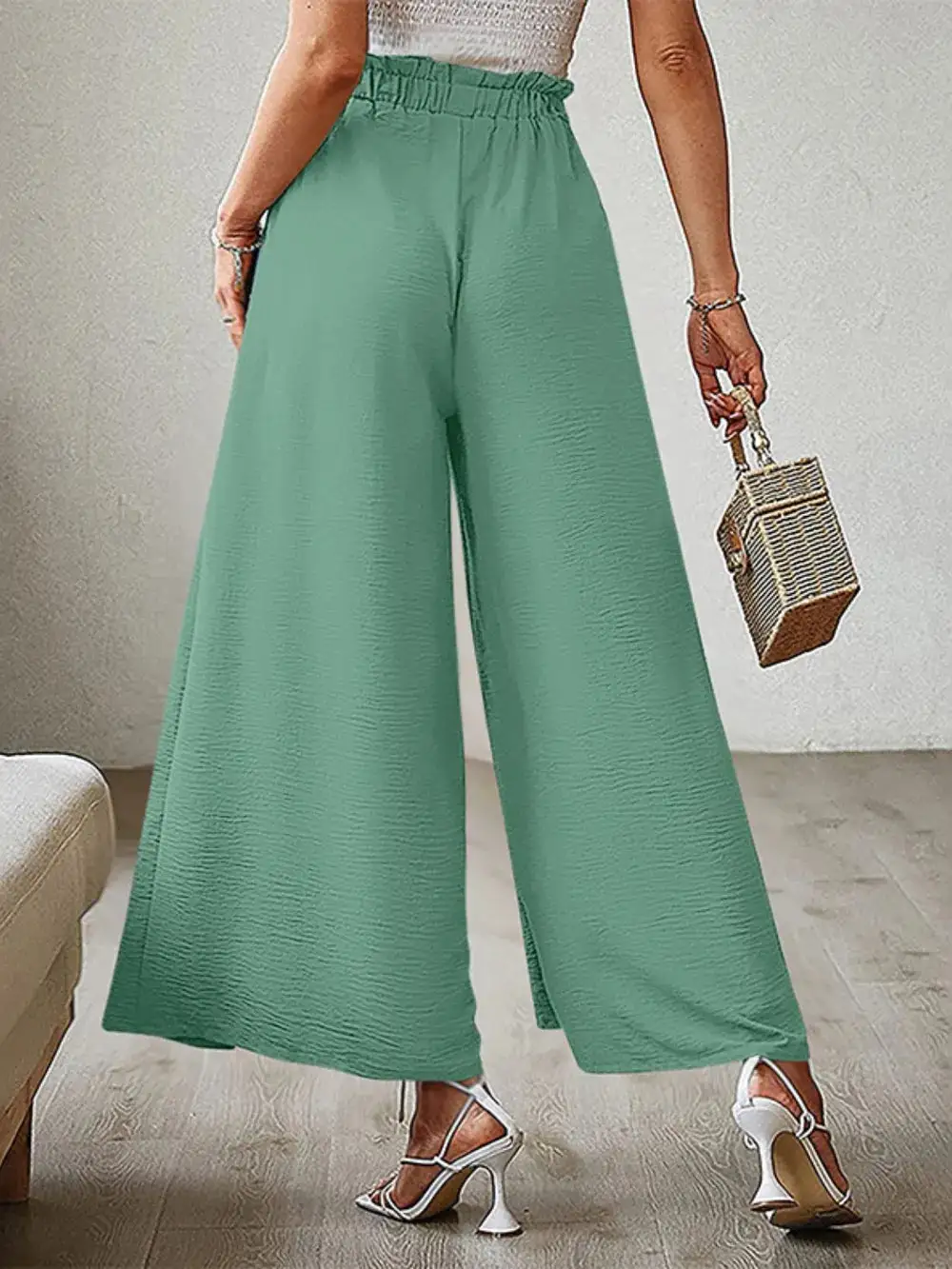 Wide Leg Tie Waist Slit Detail Casual Pants