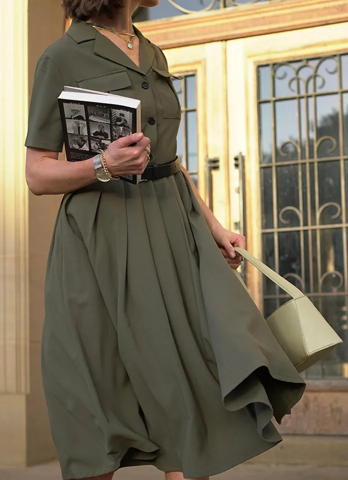 Polyester Shirt Pleated Short Sleeve Midi Dress