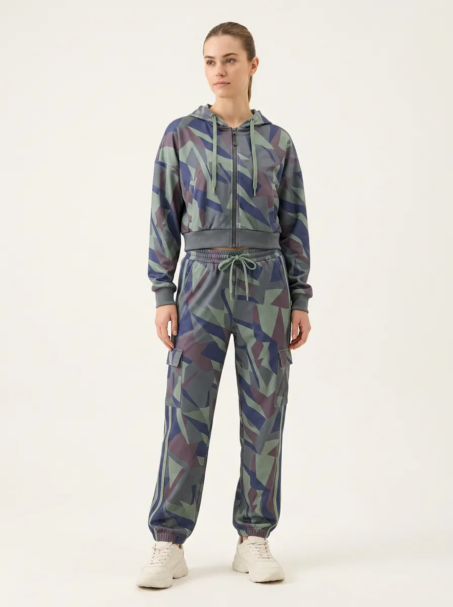 Women's Multi-Color Geometric Print Zip-Up Hoodie and Cargo Jogger Set