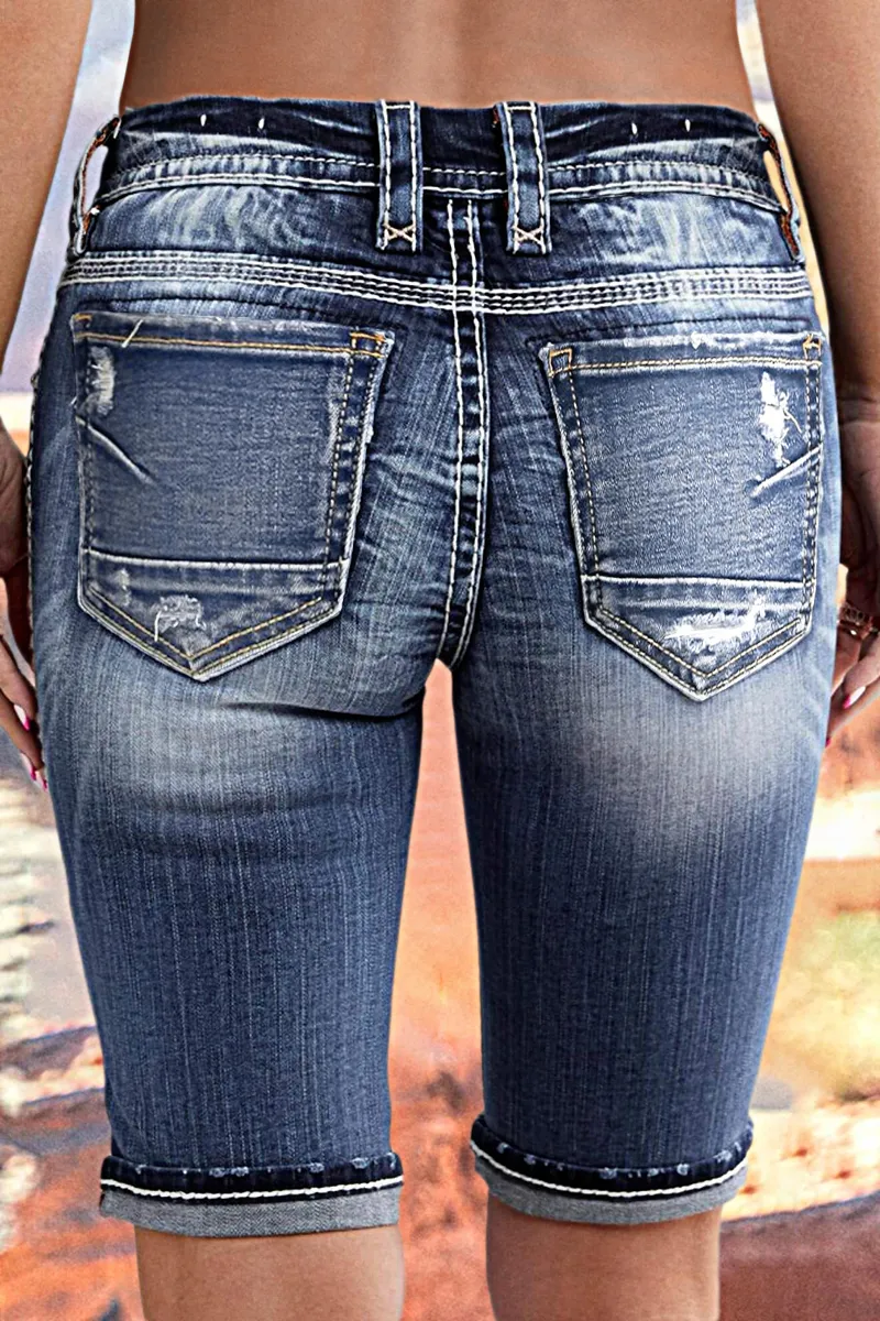 Double Button Ripped Mid Rise Denim Bermuda Shorts