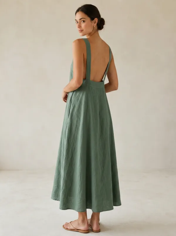 Women's Clean-Line Casual Linen Backless Dress
