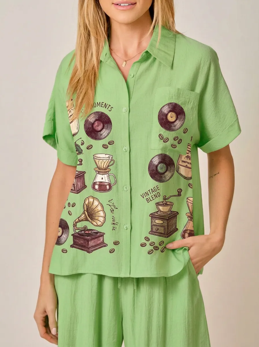 Women's Coffee and Vinyl Music-Inspired Vintage Blend Printed Shirt