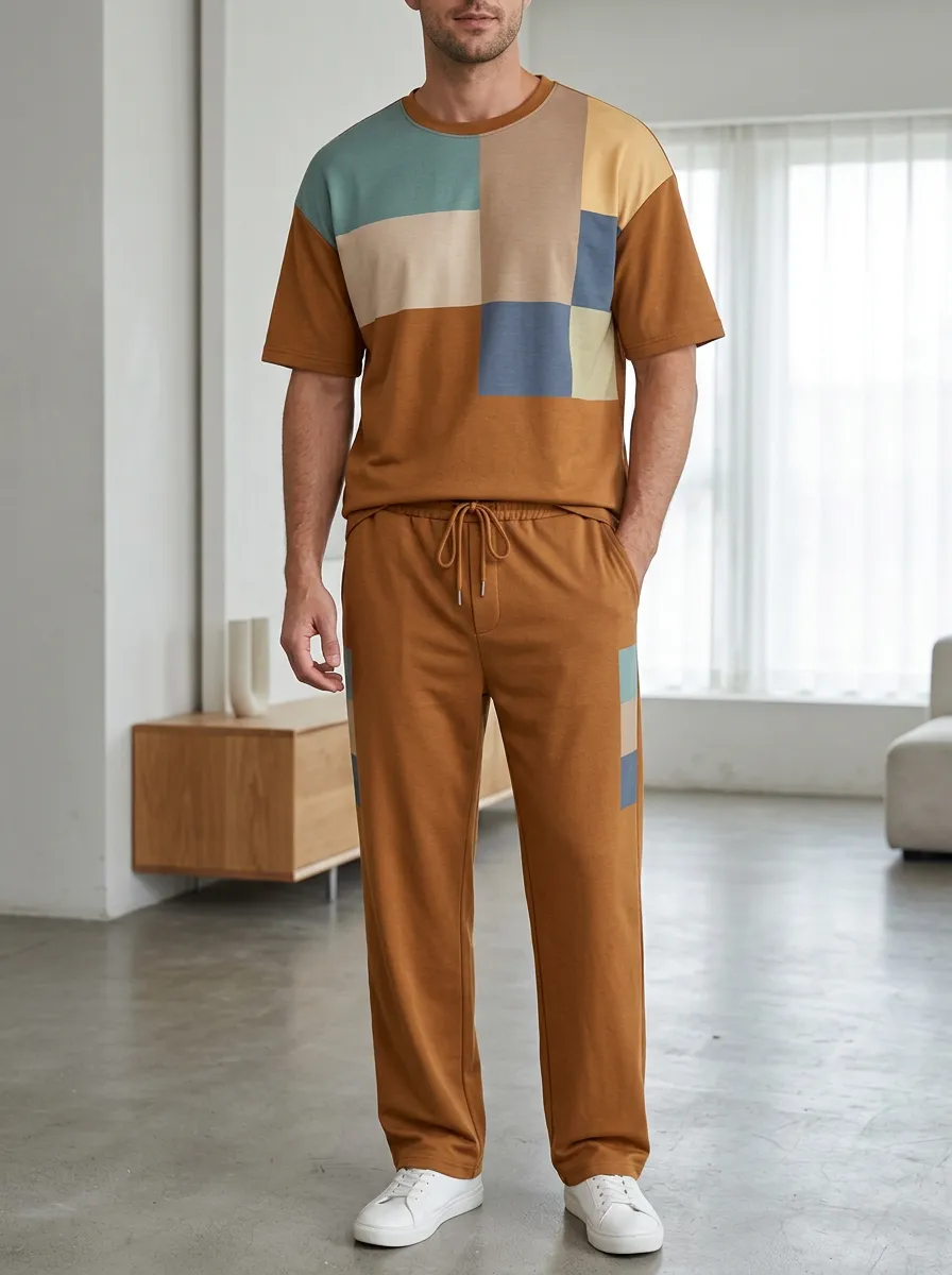 Men's Casual Colorblock Geometric Printed Lounge Set
