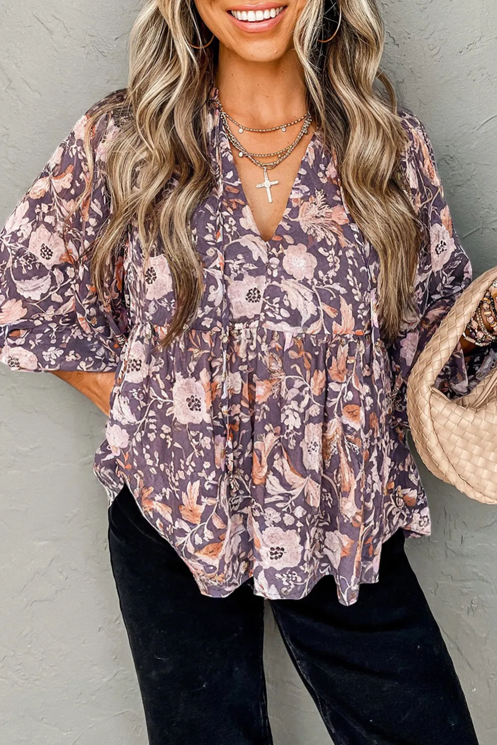 Blue Boho Flower Print Three Blouse