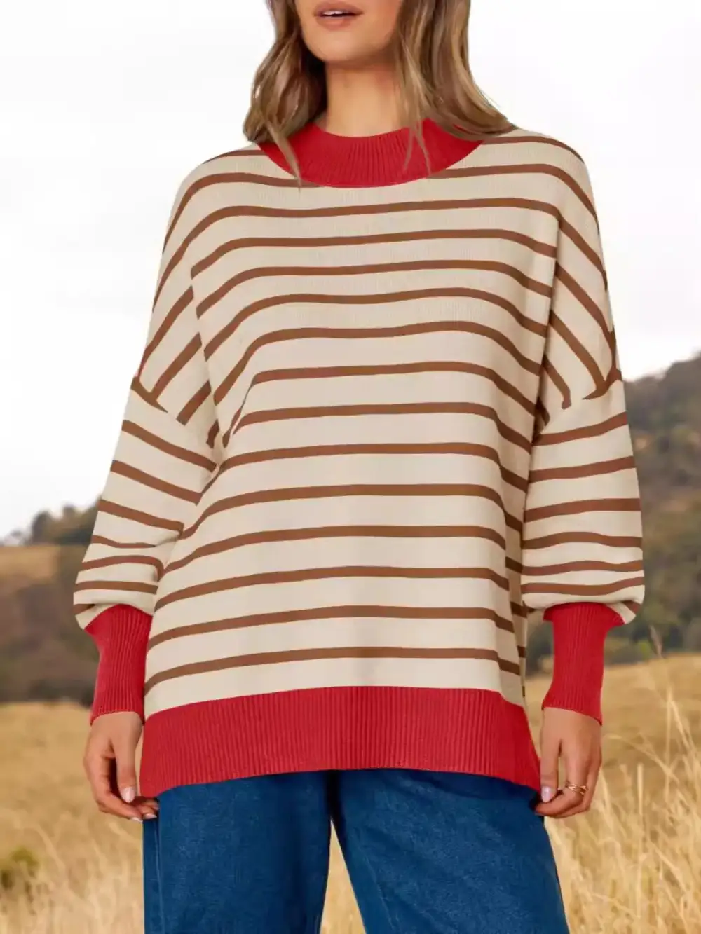 Modern Long Sleeve Round Neck Striped Sweater