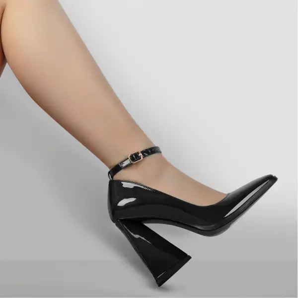 Patent Finish Square Toe Chunky Heel Ankle Strap Pumps