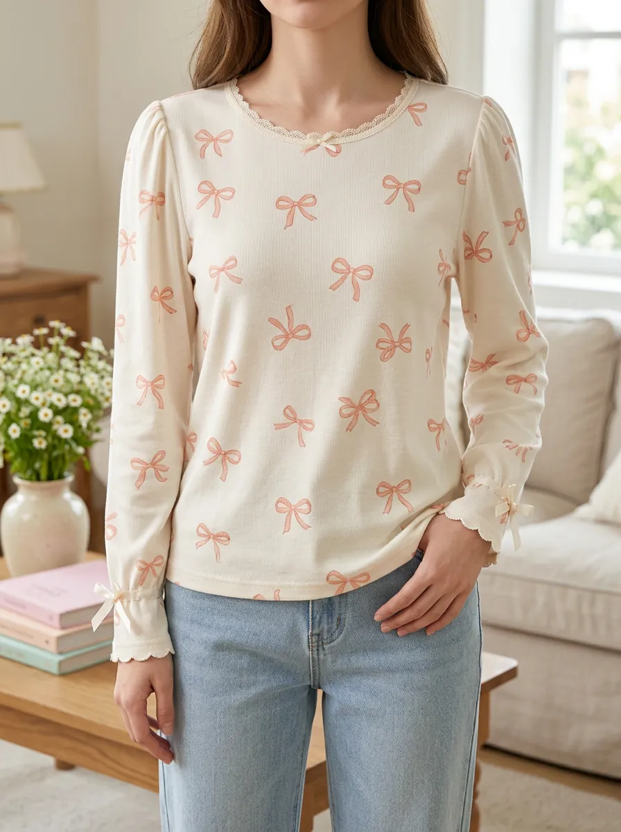 Women's Sweet Coquette Style Pink Bowknot Printed Long Sleeve Top
