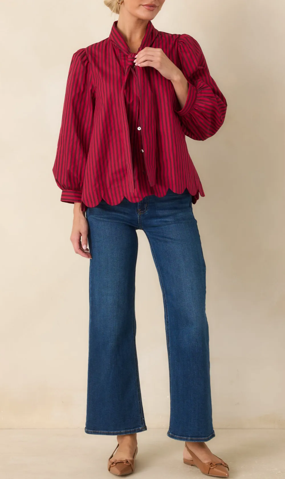 Tie-Neck Button-Front Long-Sleeve Scalloped Blouse