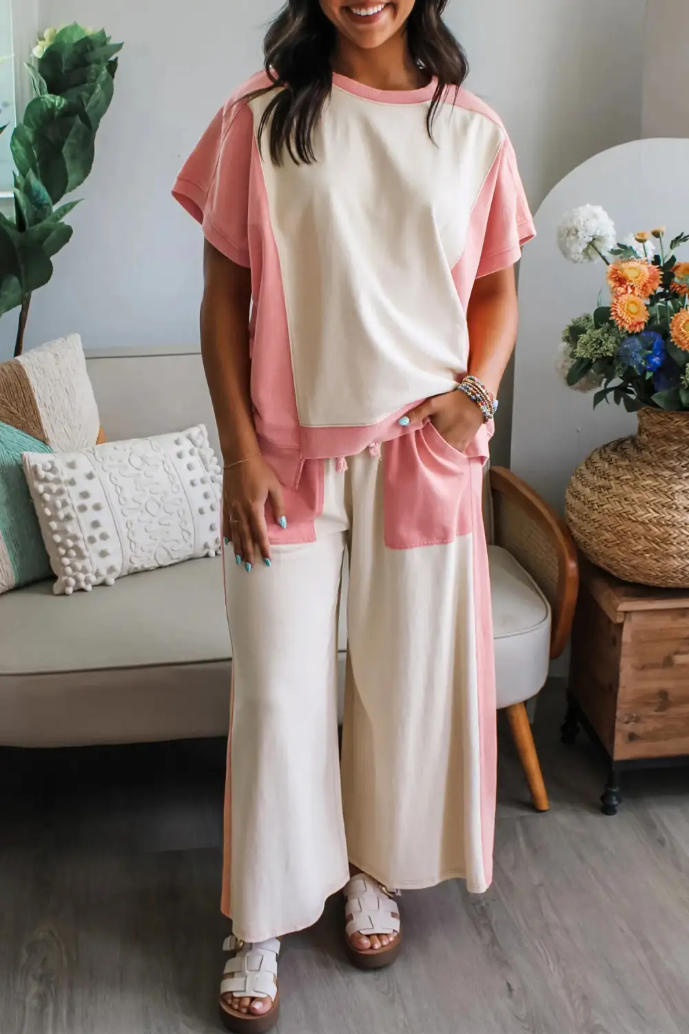 Women's Two-tone Color Block Patchwork Tee Drawstring Loose Pant Set
