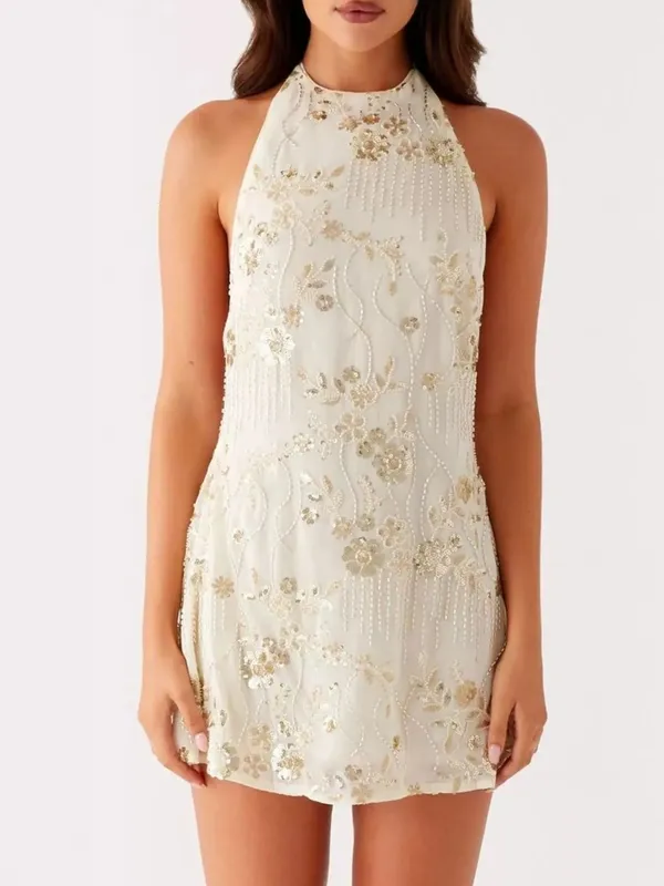 Sequin Beaded Halter Neck Dress