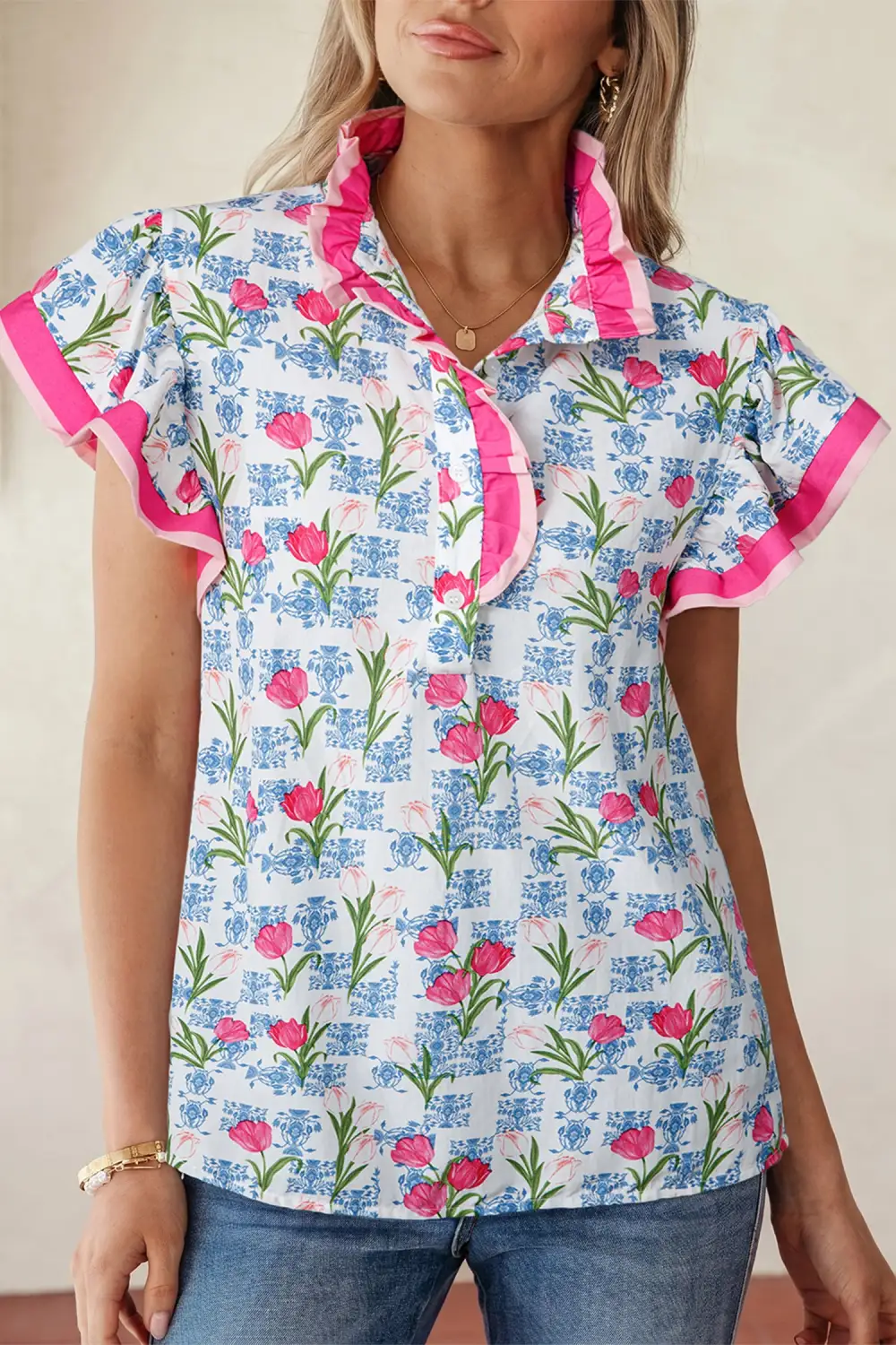 Women's Floral Print Striped Half Button Top