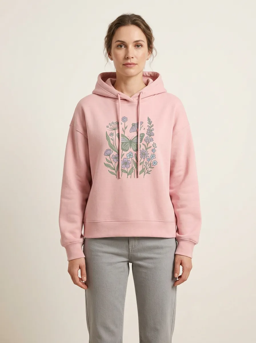 Women's Hooded Drawstring Graphic Floral Ribbed Dropped-Shoulder Hoodie