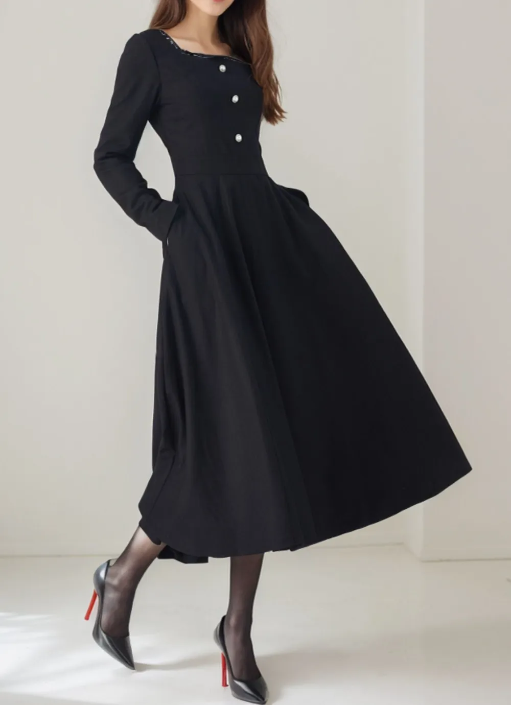 Wool Blend Swing Square Neck Long Sleeve Midi Dress