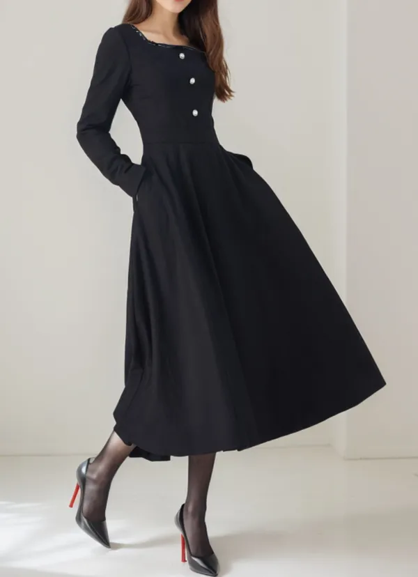 Wool Blend Swing Square Neck Long Sleeve Midi Dress