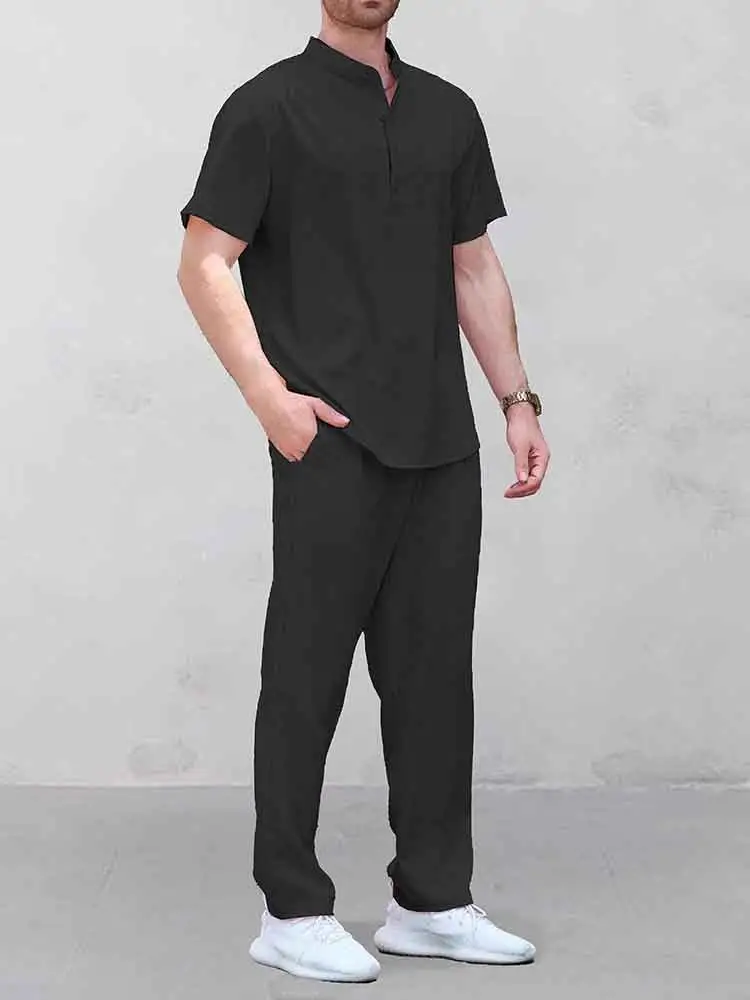 Leisure Jacquard Henley Shirt Pants Set