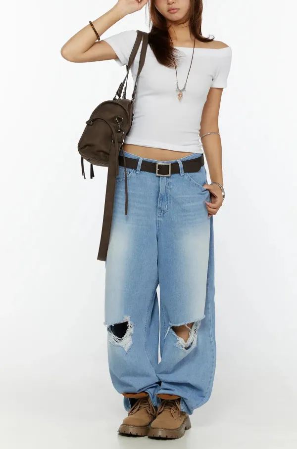 Low Rise Baggy Ripped Jeans