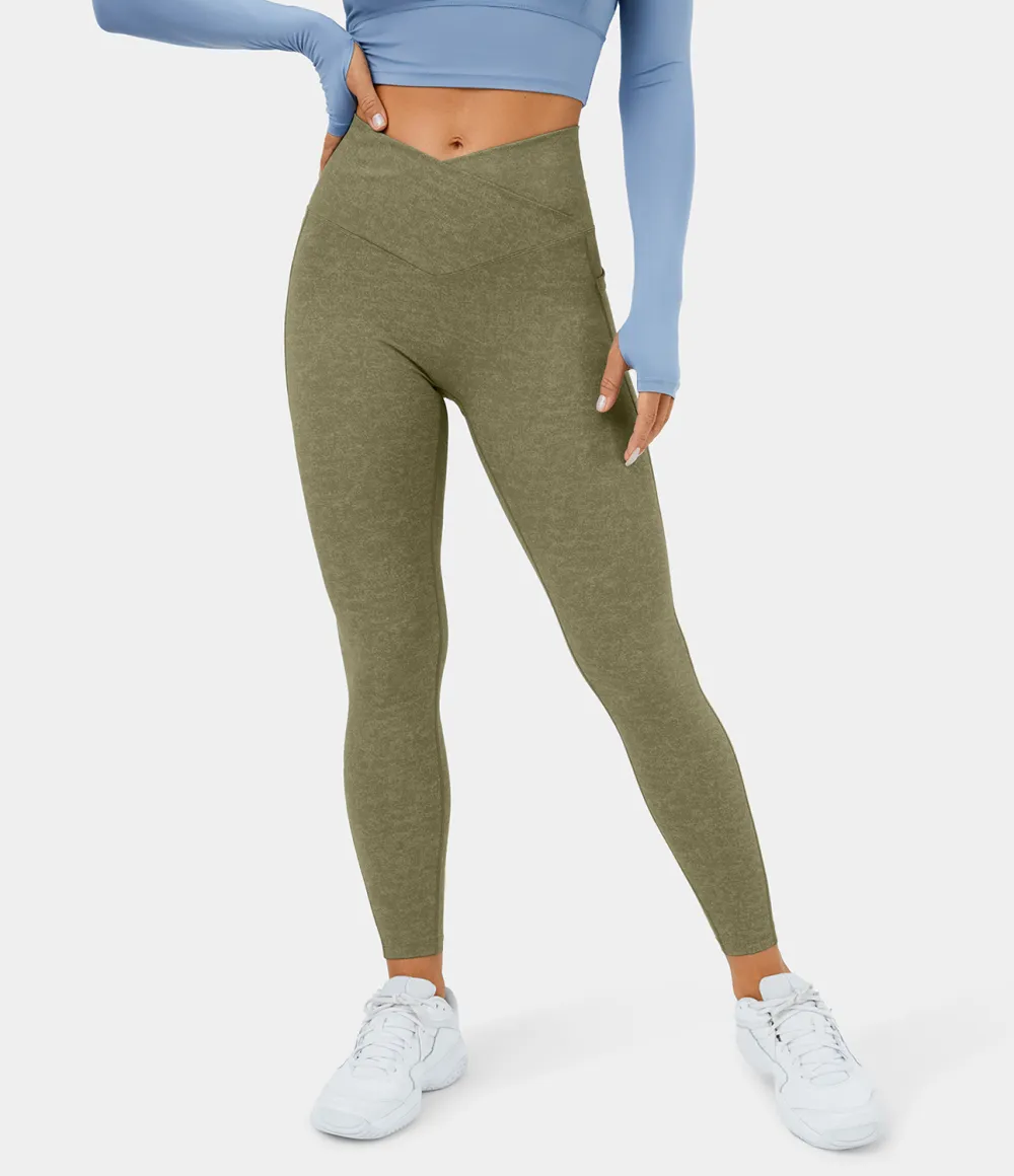 Crossover Side Pocket Stretchy Denim Print Yoga Leggings