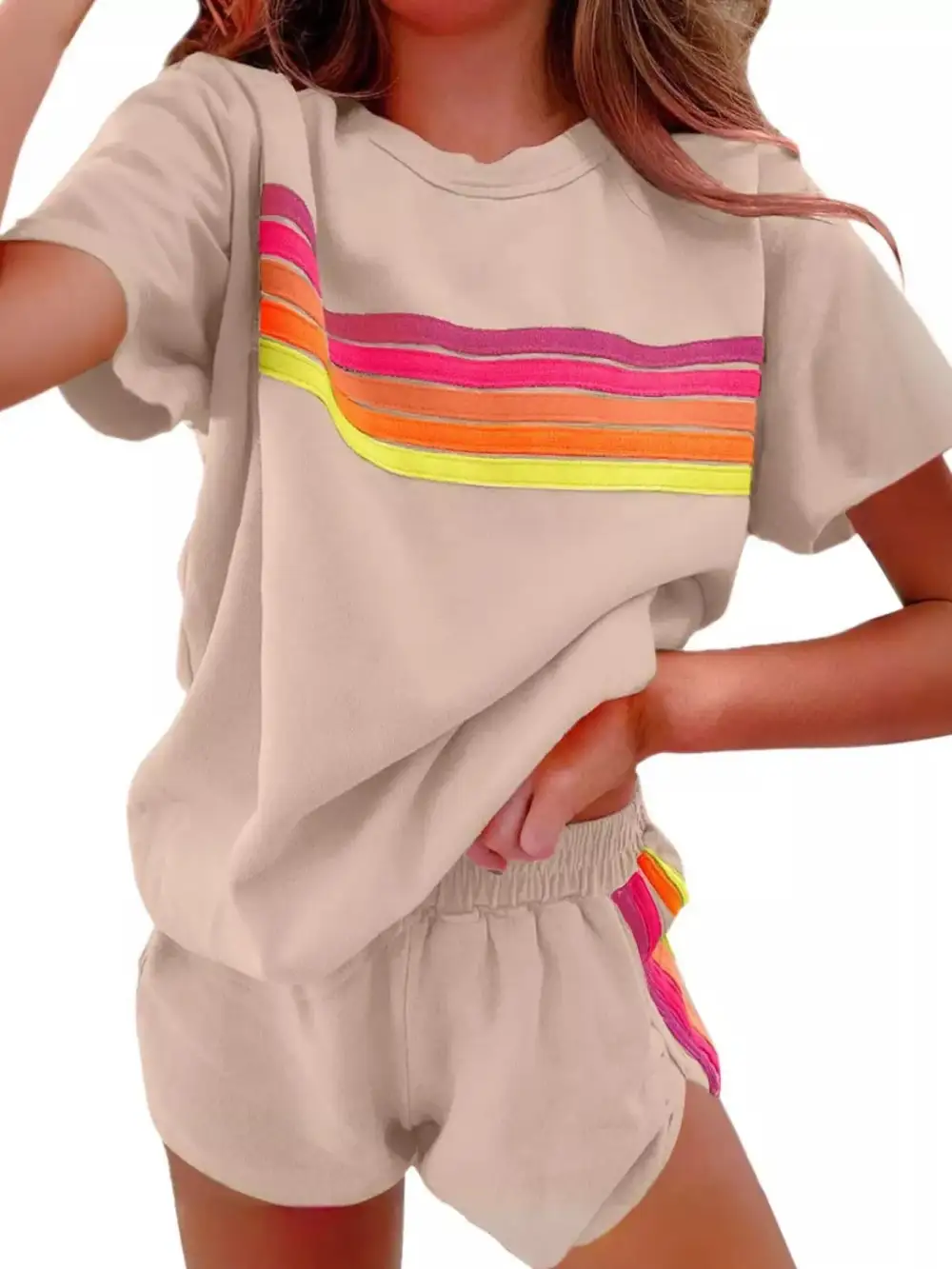 Rainbow Striped Round Neck Top and Shorts Set