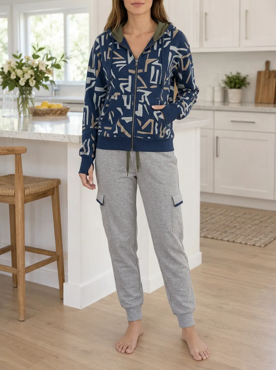 Women's Geometric Cargo Ribbed Zip Hoodie Cargo Jogger Set