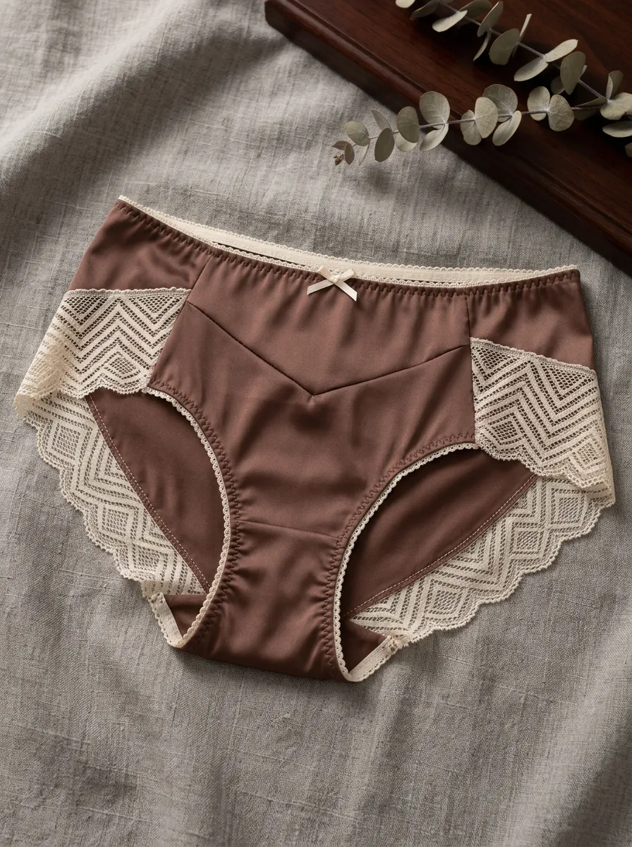 Women's Brown Satin Lace Trim Bowknot Decorated Panties