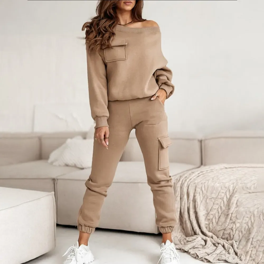 Solid color Pocket Design Trousers and long sleeve sweatshirt suit