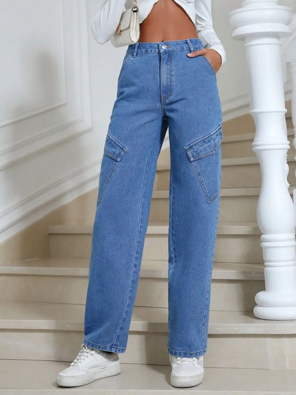 Everyday High-Waist Washed Pocketed Stretch Straight Leg Jeans