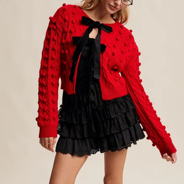Open Front Tie Front Cable Knit Ribbed Cardigan