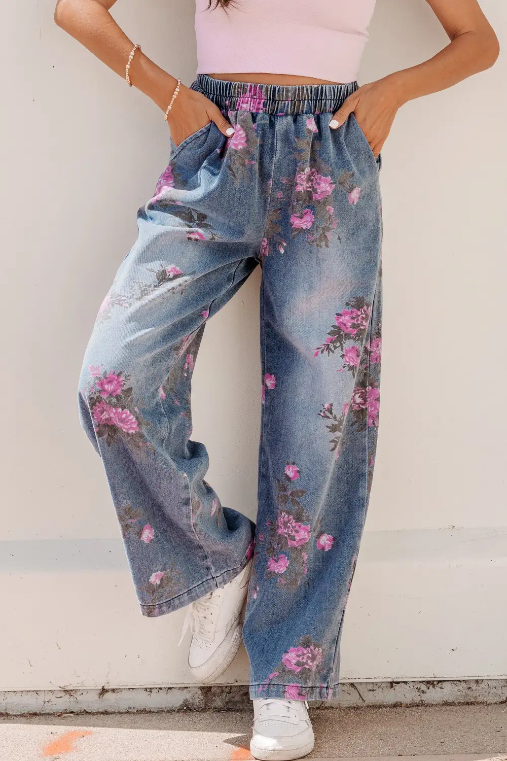 Women's Floral Print Elastic Waist Pull On Casual Jeans